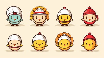 Set of 8 vector kawaii turkeys, isolated white background, different camera angles, all parts are sharp