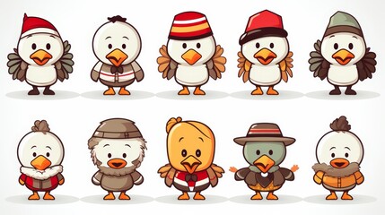 Set of 8 vector kawaii turkeys, isolated white background, different camera angles, all parts are sharp
