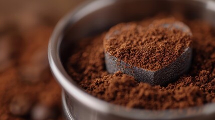 A circular metal container filled with a heap of ground coffee, capturing the rich textures and earthy tones typical of freshly ground coffee, ready for brewing.