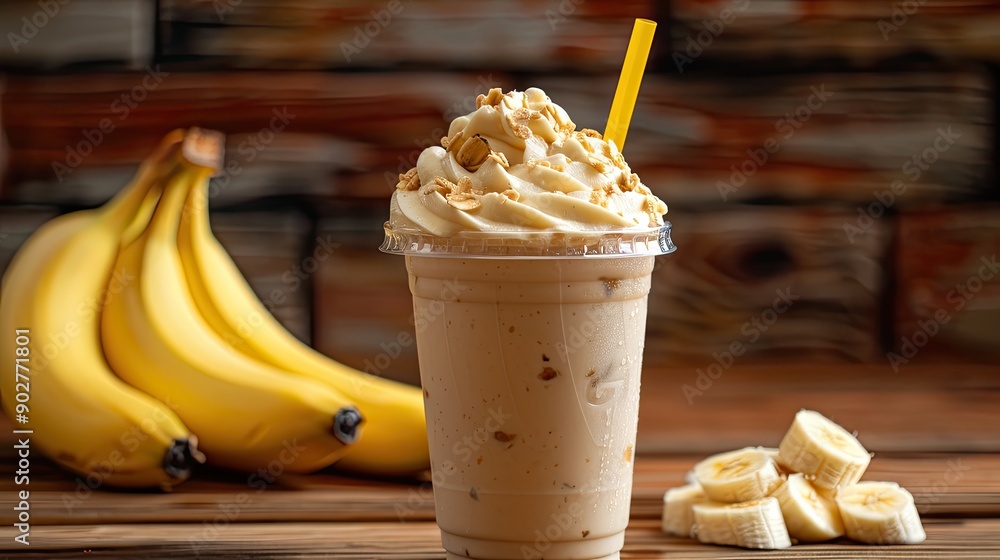 Poster a banana shake with a straw in it sits on a table next to a bunch of bananas. concept of indulgence 