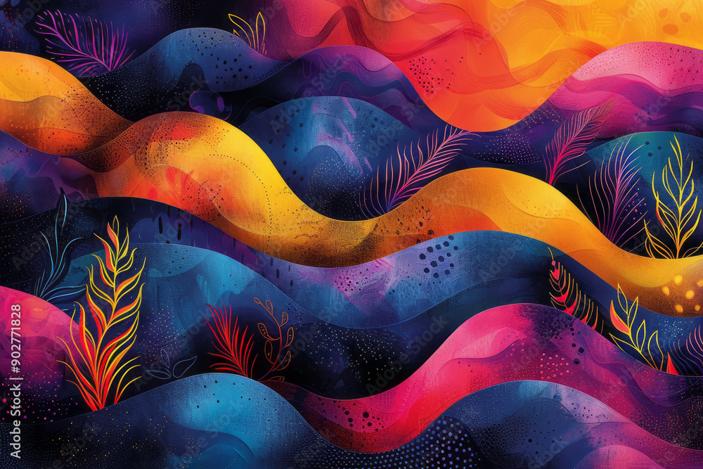 Poster minimalist scene of overlapping geometric forms and swirling floral patterns in a psychedelic risogr