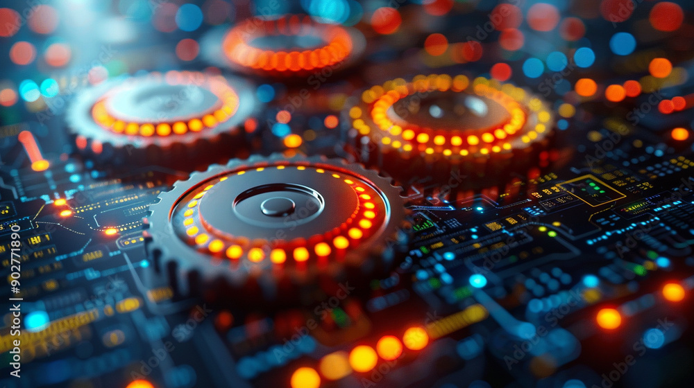 Poster a close up of a computer chip with four orange gears on it