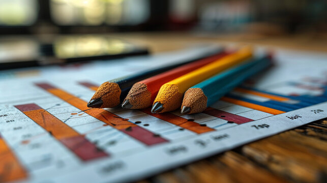 A set of colored pencils are on top of a piece of paper with graphs