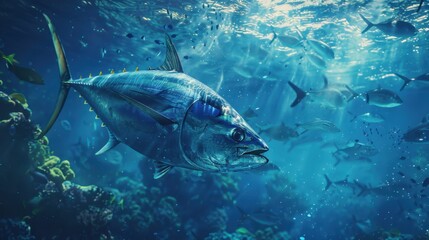 Fototapeta premium Large tuna fish swimming in ocean with school of fish