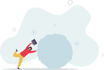 Snowball effect from small build up larger with potential risk, financial growth or mistake concept,flat design.illustration with people.