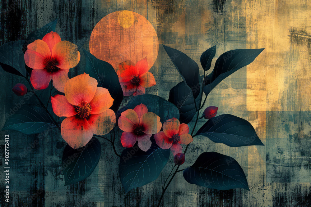 Poster clean depiction of abstract geometric shapes and detailed floral patterns, creating a retro-inspired