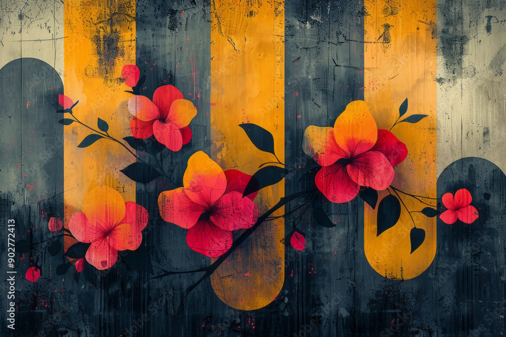 Poster clean depiction of abstract geometric shapes and detailed floral patterns, creating a retro-inspired