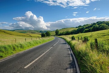 Naklejka premium A quiet rural scene with a long, straight country road in the midst of a vast open field