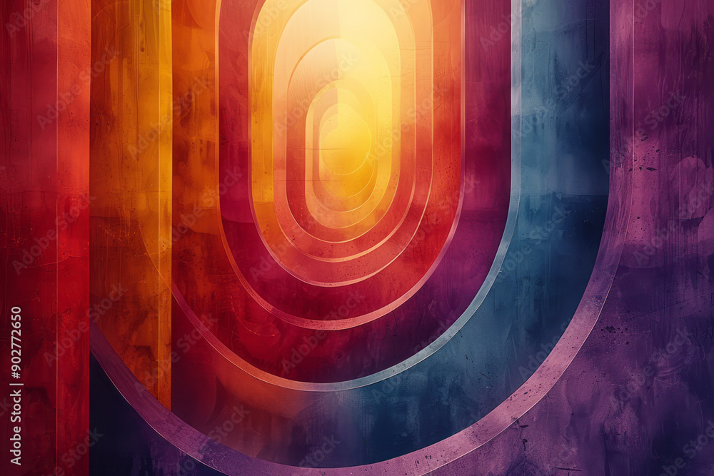 Poster clean depiction of overlapping geometric forms in retro colors, with a psychedelic risograph texture