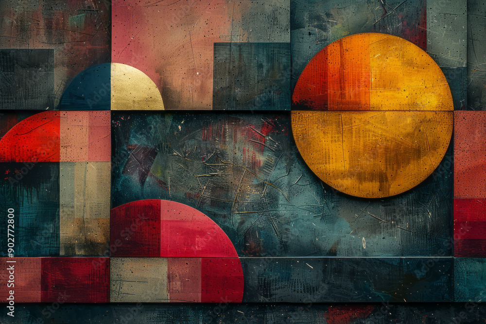 Poster clean depiction of overlapping geometric forms in retro colors, with a psychedelic risograph texture