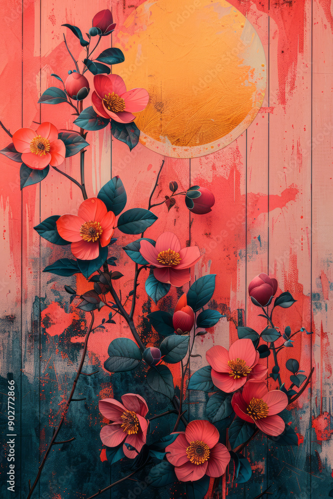 Poster sleek design showcasing dynamic geometric forms and intricate floral motifs, highlighted by a retro 
