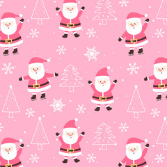 Cute noel seamless christmas pattern with santa claus and snow on pink background for holiday designs.