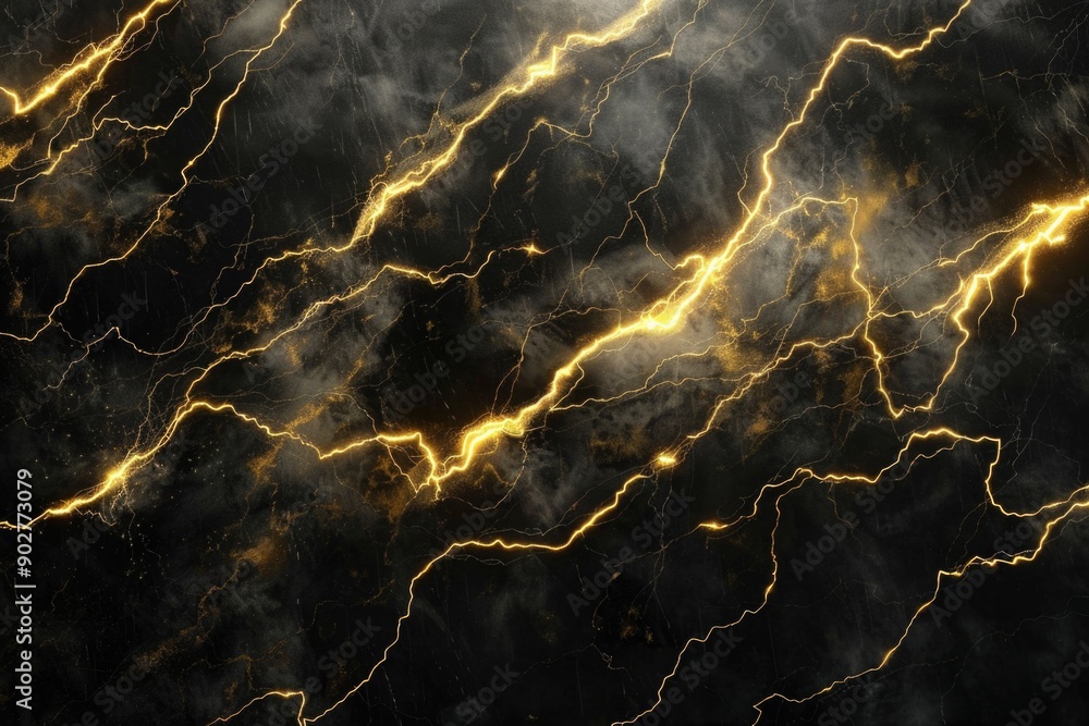 Poster a dark and mysterious backdrop with golden marbles and a flash of lightning, perfect for use in dram
