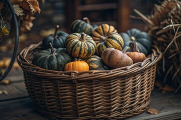 Autumn background of colorful decorative pumpkins in a wicker basket. A rich harvest. The concept of the Halloween holiday.