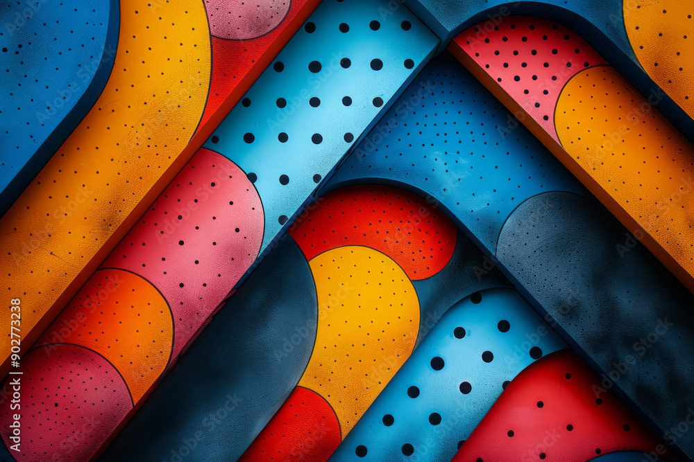 Poster sleek design showcasing abstract geometric forms with a psychedelic color palette and retro risograp