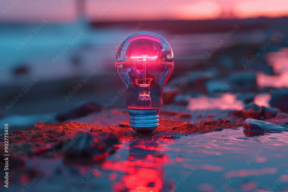 Poster lightbulb on a wet pavement with reflections showcasing creativity and modern artistic design.