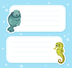 Cute Sea and Marine Seal and Seahorse Animal Swim in Ocean Note Card Vector Template