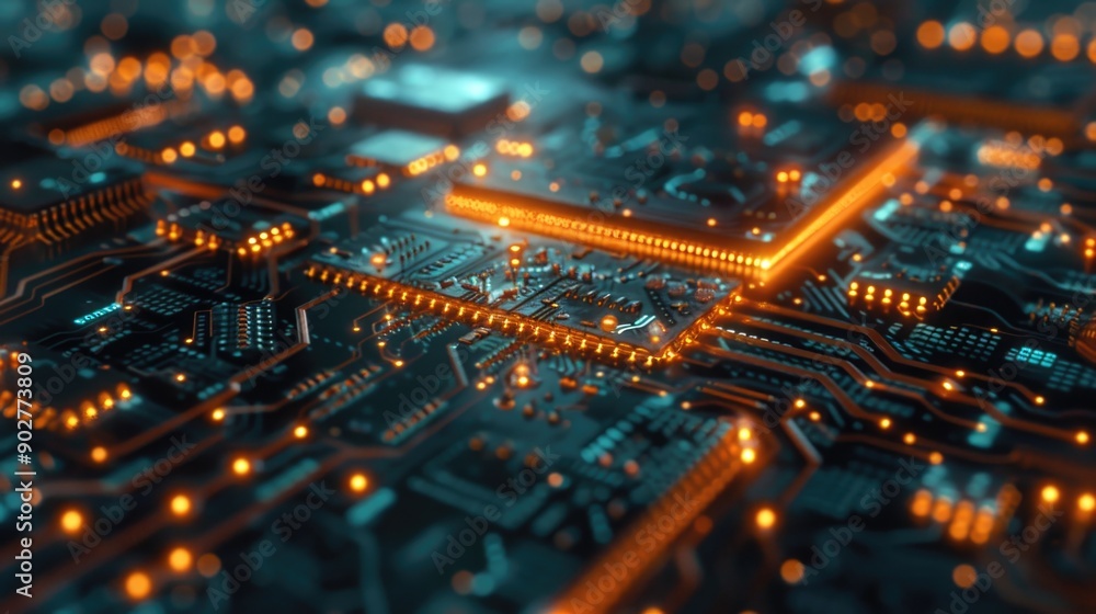 Poster close-up image of a computer circuit board with various electronic components and wires