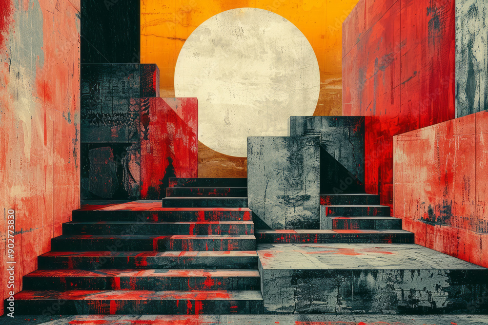 Poster elegant depiction of a risograph print featuring abstract blocks and psychedelic shapes in a modern 