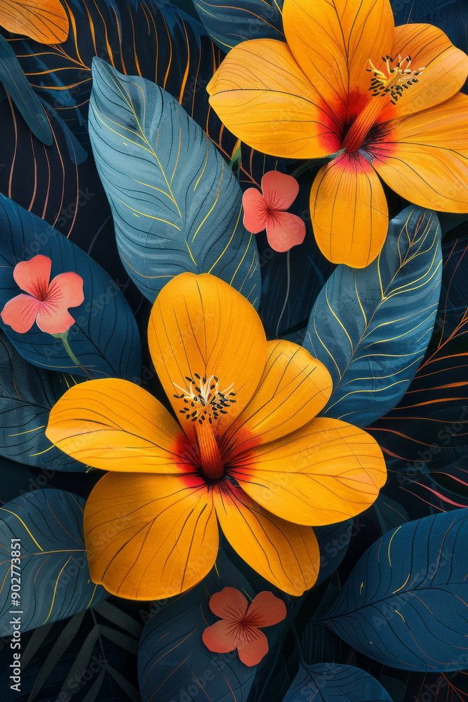 Poster clean image of a vibrant risograph print with bold geometric patterns and detailed flower and leaf m