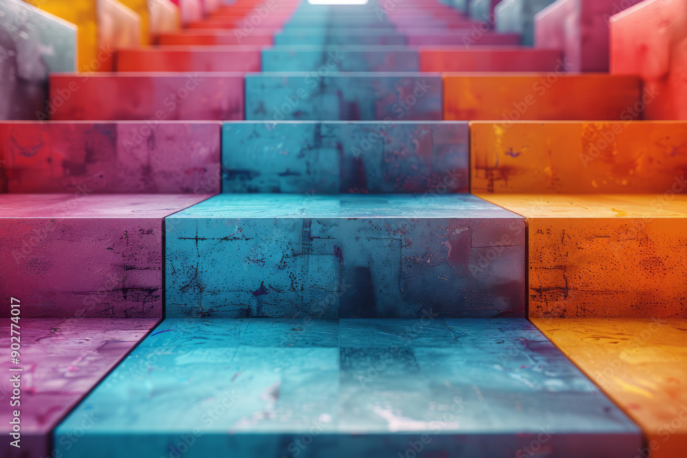 Poster minimalist aesthetic of overlapping blocks in a psychedelic color scheme, printed in a modern geomet