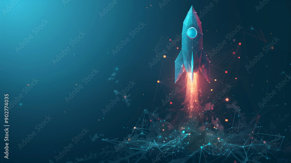 Poster a blue and white image of a rocket launching into space. the image is a representation of the idea o