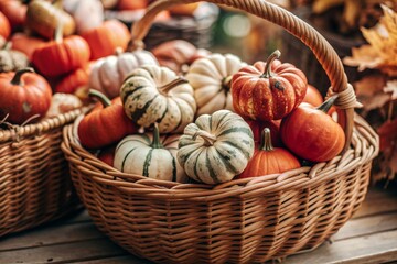 Autumn background of colorful decorative pumpkins in a wicker basket. A rich harvest. The concept of the Halloween holiday.