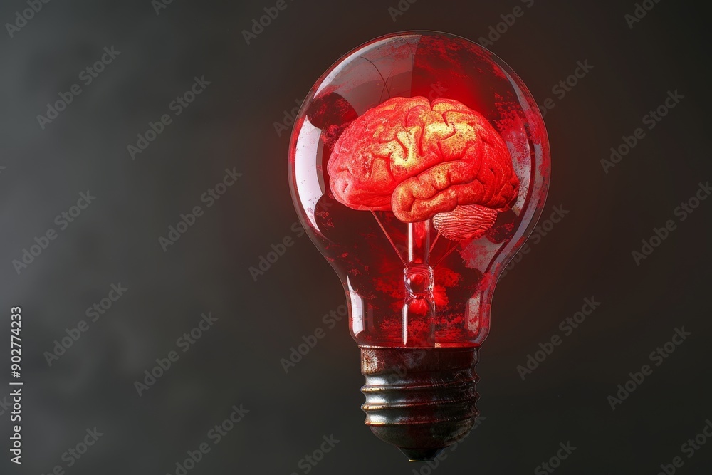 Poster red brain shaped lightbulb on a dark background representing innovative thinking and creativity in a