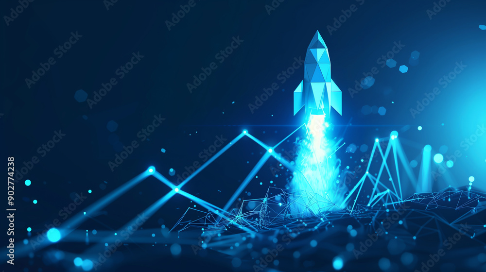 Poster a blue and white image of a rocket launching into space. the image is a representation of the idea o
