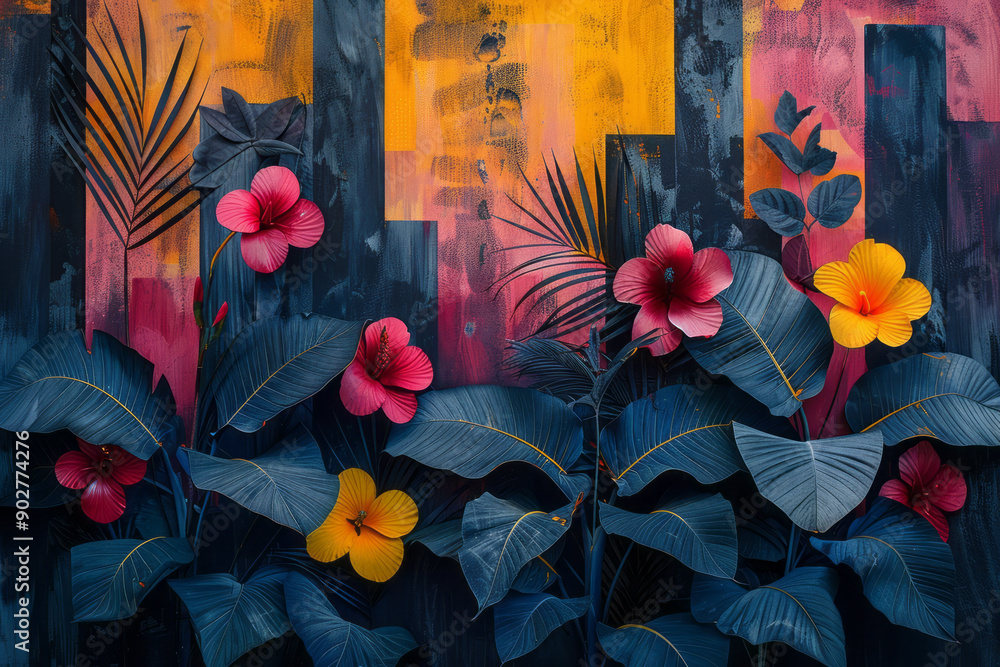 Aufkleber elegant representation of modern geometric forms with intricate flower and leaf motifs, creating a v