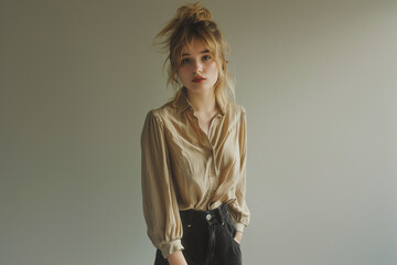 Cinematic, three quarter angle photo of a French woman with blonde hair and brown eyes, wearing a beige blouse, black pants and black shoes is standing with her arms by her side, candid shot, 