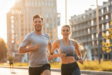A photo of a young couple jogging in an urban environment. The couple is in mid-stride and wearing athletics gear. Jogging and fitness concept.