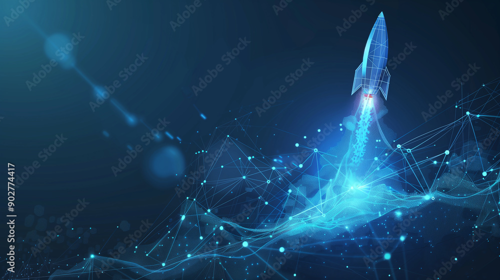 Poster a blue and white image of a rocket launching into space. the image is a representation of the idea o