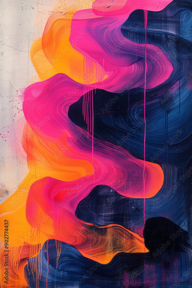 Poster clean image of bold, colorful forms in a psychedelic pattern, printed in a minimalist risograph styl