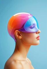 a person wearing a virtual reality headset, with a vibrant and colorful background.