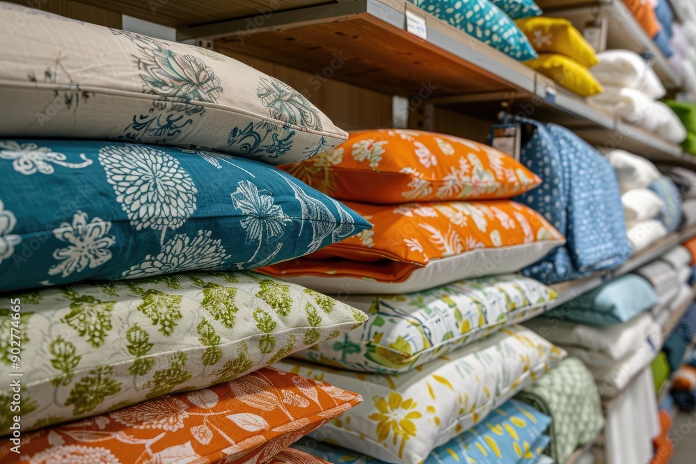 Poster a display of colorful pillows with various patterns and designs. the display is organized and visual