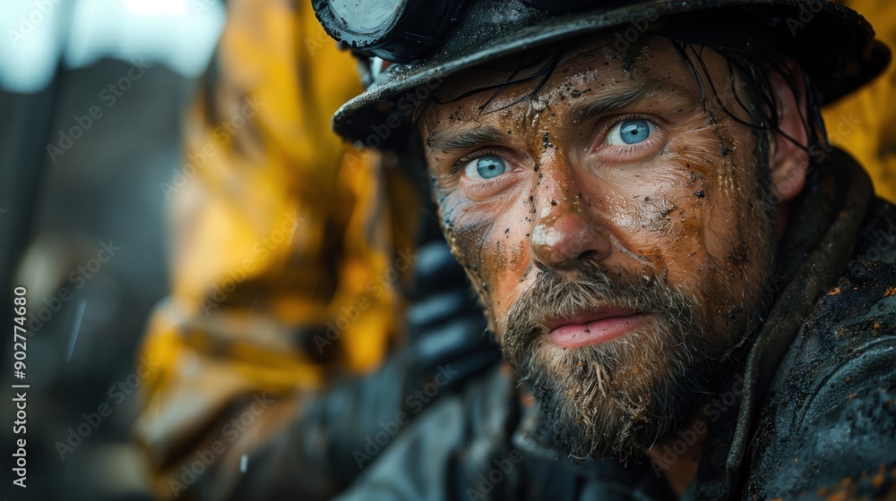 Poster portrait of a muddy miner with intense eyes. close-up portrait of a miner covered in mud, showcasing