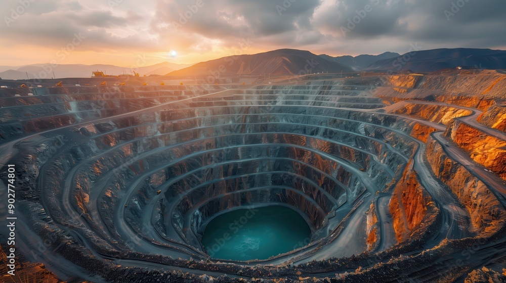 Poster Aerial View of Open-Pit Mine at Sunset. Aerial view of a large open-pit mine at sunset, highlighting the expansive and layered structure of the mining site.