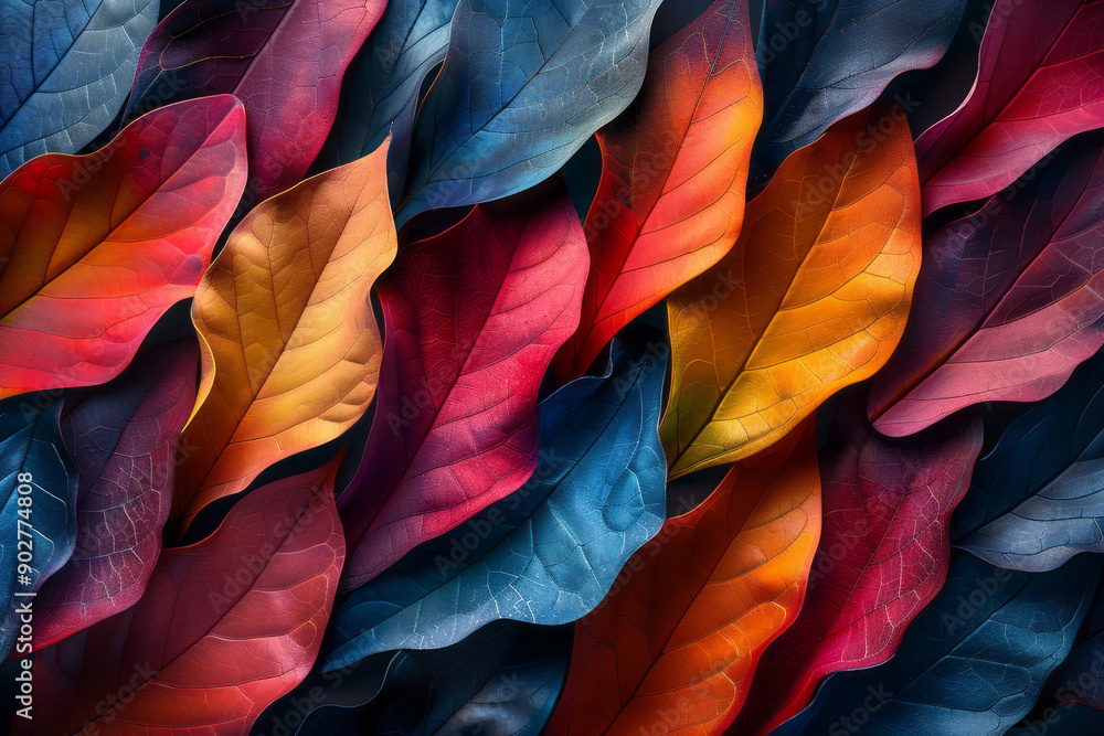 Poster minimalist representation of abstract shapes with bright colors and detailed leaf motifs, creating a