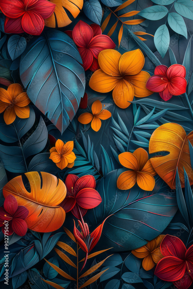 Poster clean and modern image of vibrant geometric forms interwoven with colorful floral and leaf patterns,
