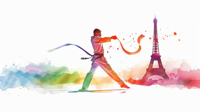 boxing, judo, karate paris eiffel olympics abstract watercolor colorful splash design concept on white background