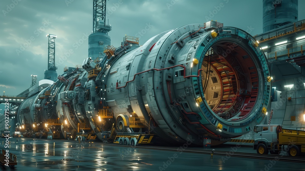 Poster massive tunnel boring machine in industrial facility. massive tunnel boring machine in an industrial