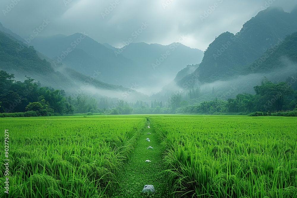 Poster a lush green field with a path running through it
