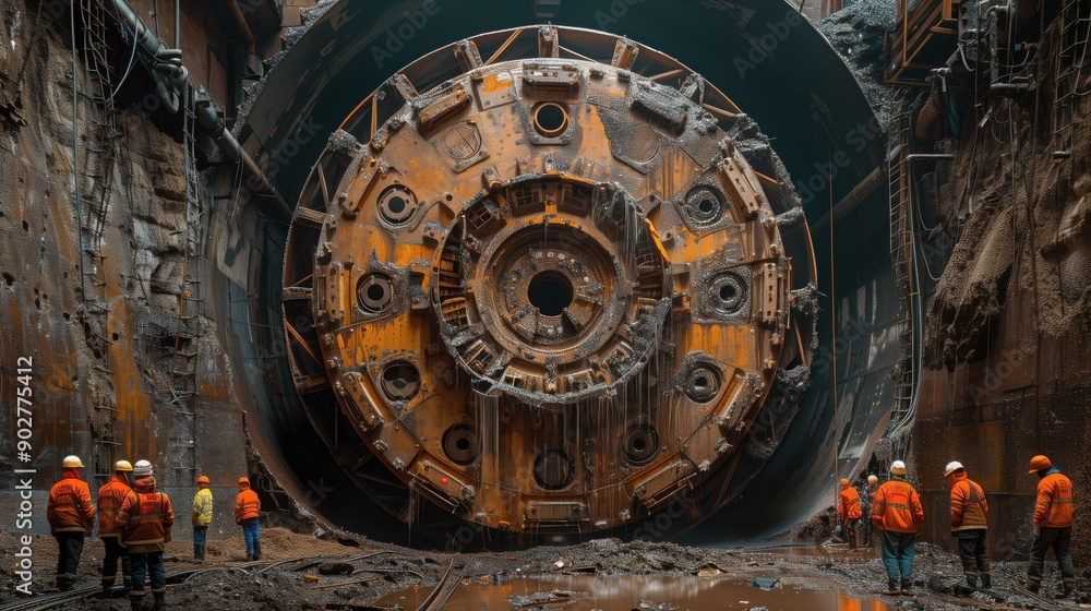Poster engineers inspecting tunnel boring machine. engineers in orange jackets and hard hats inspect a mass