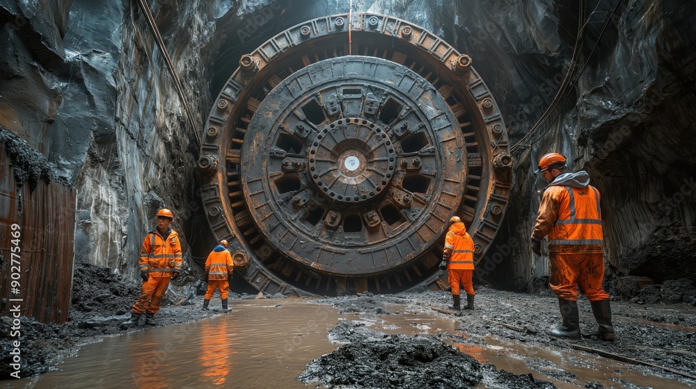 Poster engineers preparing tunnel boring machine. engineers in safety gear prepare a massive tunnel boring 