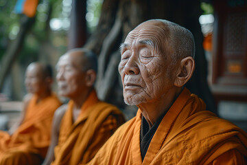 Naklejka premium Buddhism concept Generative AI picture with people doing yoga in nature feel connection with buddha