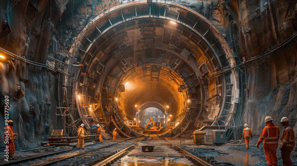 Poster engineers working inside tunnel. engineers in safety gear work inside a tunnel being excavated by a 