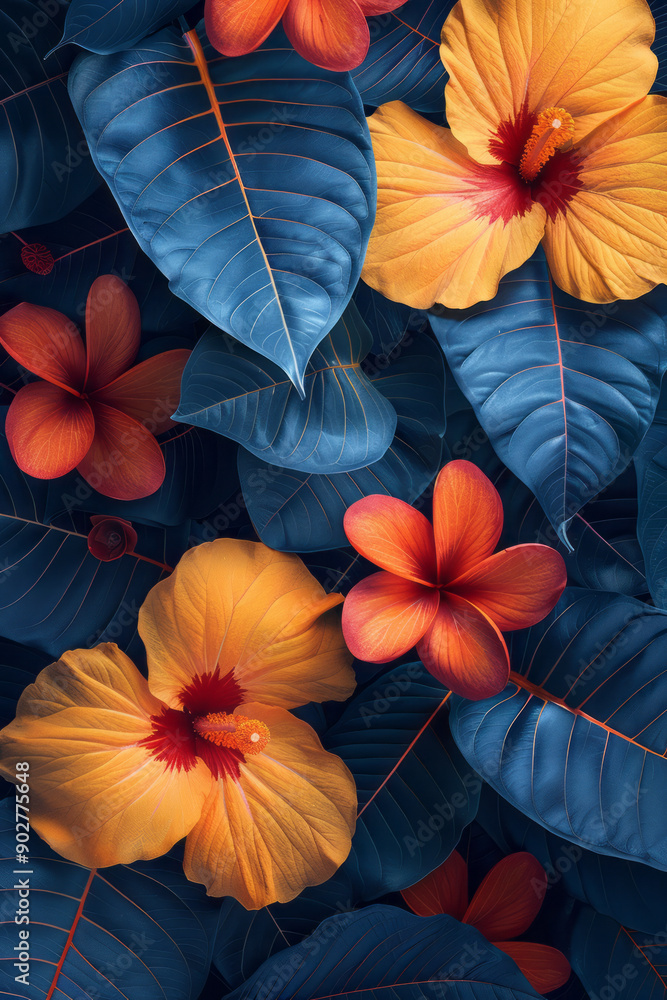 Poster clean depiction of abstract geometric forms interwoven with vibrant floral and leaf patterns in a re