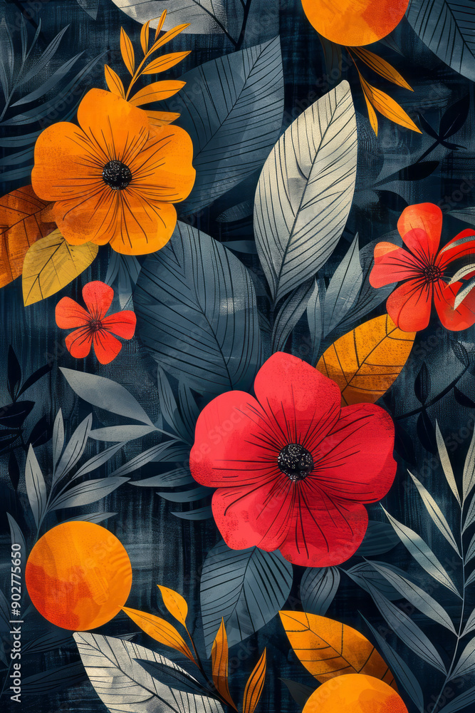 Poster clean depiction of abstract geometric forms interwoven with vibrant floral and leaf patterns in a re