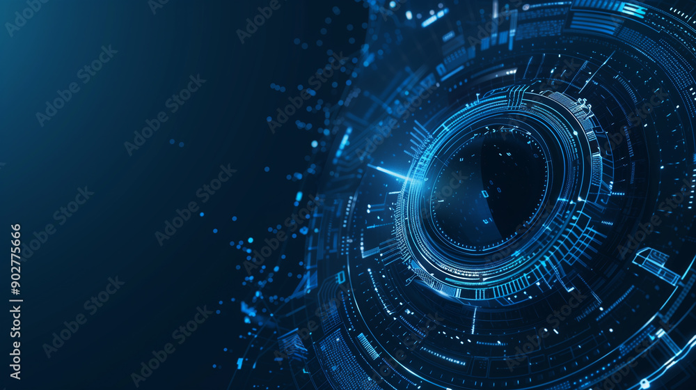 Poster a blue and orange computer screen with a circle in the middle. the circle is surrounded by a lot of 
